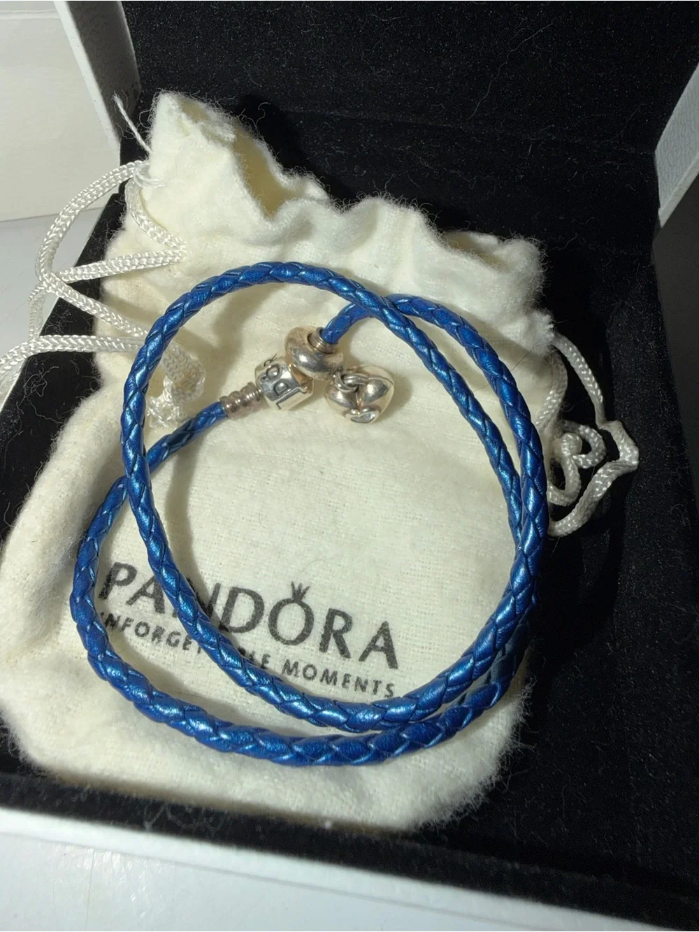 Pandora Blue Braided Leather Bracelet with Red Heart Charm and Silver Accent